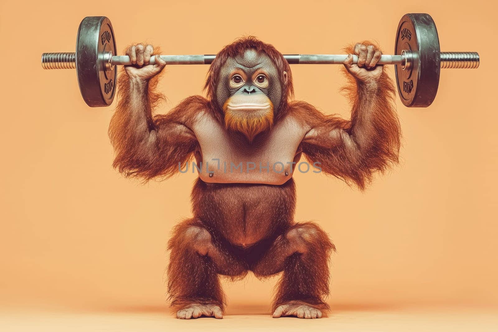 An amusing orangutan confidently lifts a barbell against a bright orange backdrop, capturing the spirit of fitness and fun. Ideal for playful and vibrant projects.