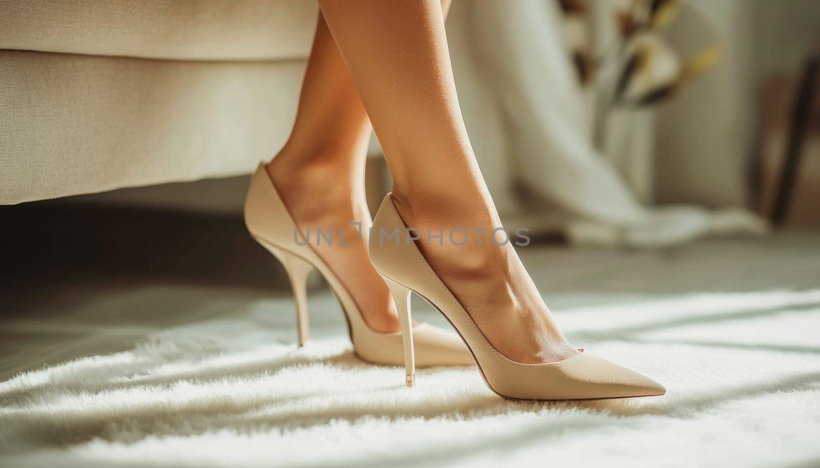Close up of female legs wearing beige stilettos on soft carpet in modern apartment