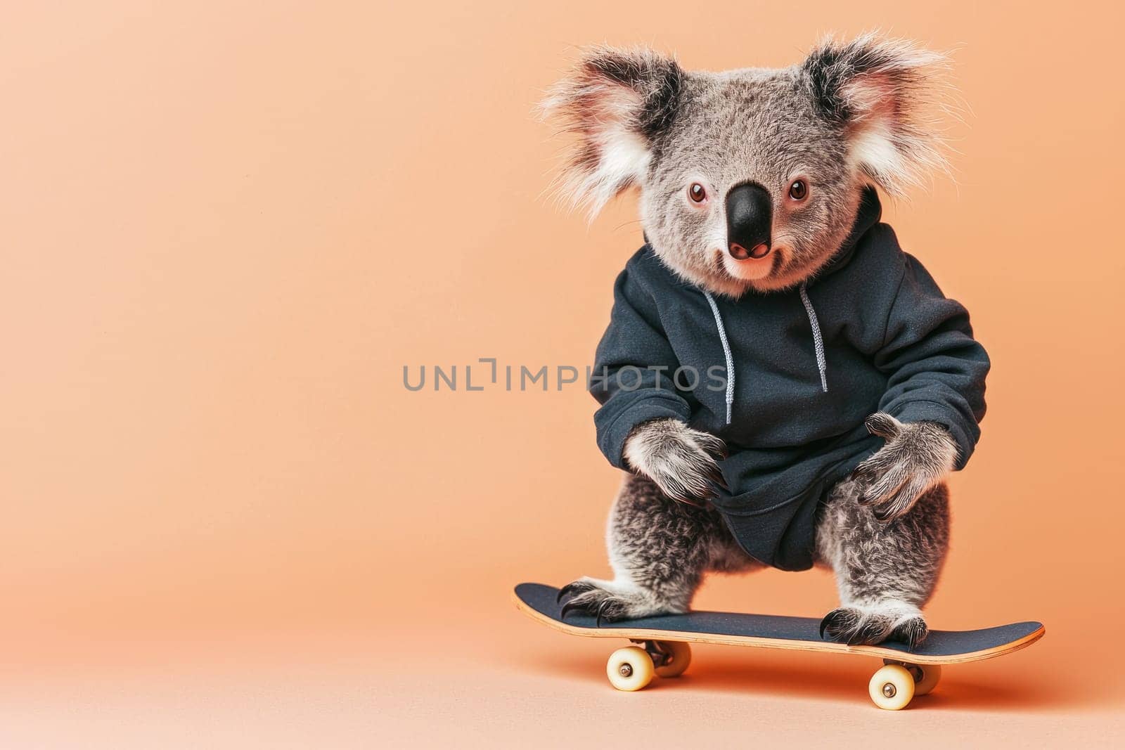 A charming koala sports a trendy hoodie while perched on a skateboard, set against a warm orange backdrop, embodying fun and creativity in a whimsical scene.