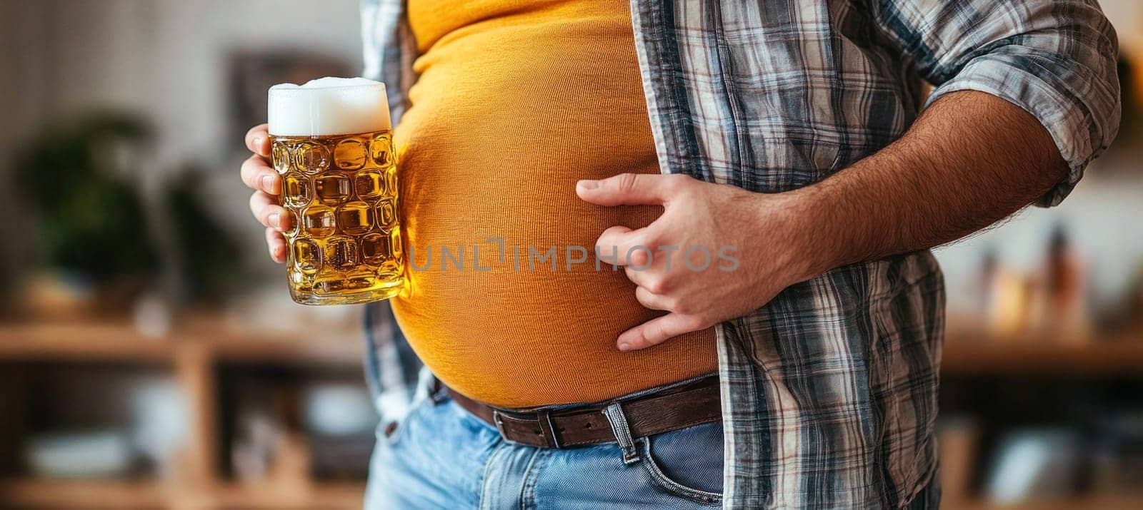 Close-up of an overweight man holding a mug of beer, touching his prominent belly, highlighting the link between excessive alcohol consumption and obesity