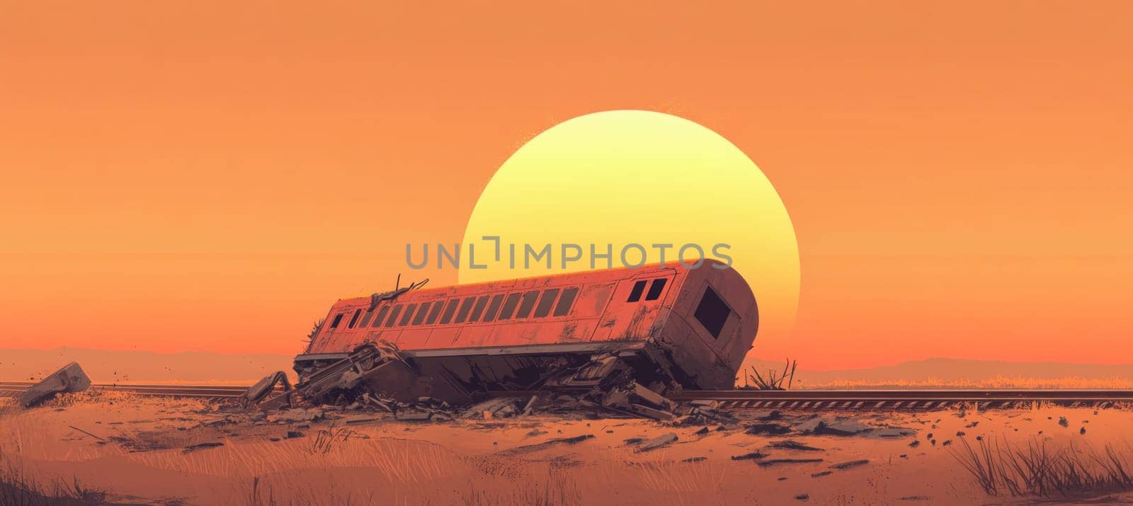 Derailed passenger train carriage lies on its side in a desolate desert landscape, beneath a large setting sun