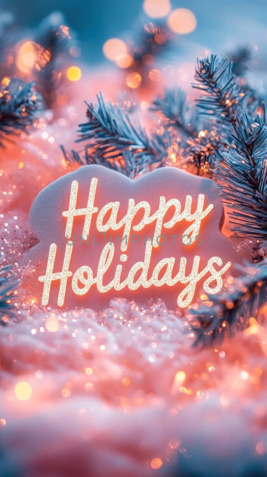 Pink neon sign with silver glitter wishing happy holidays on a snowy christmas tree branch with orange bokeh lights