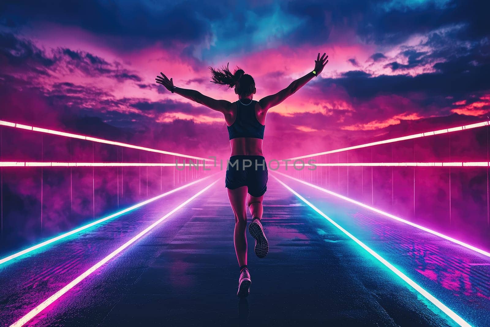 A vibrant and energetic image of a marathon runner with arms raised, celebrating against a stunning sunset backdrop with neon light reflections on a wet road, capturing athletic freedom.