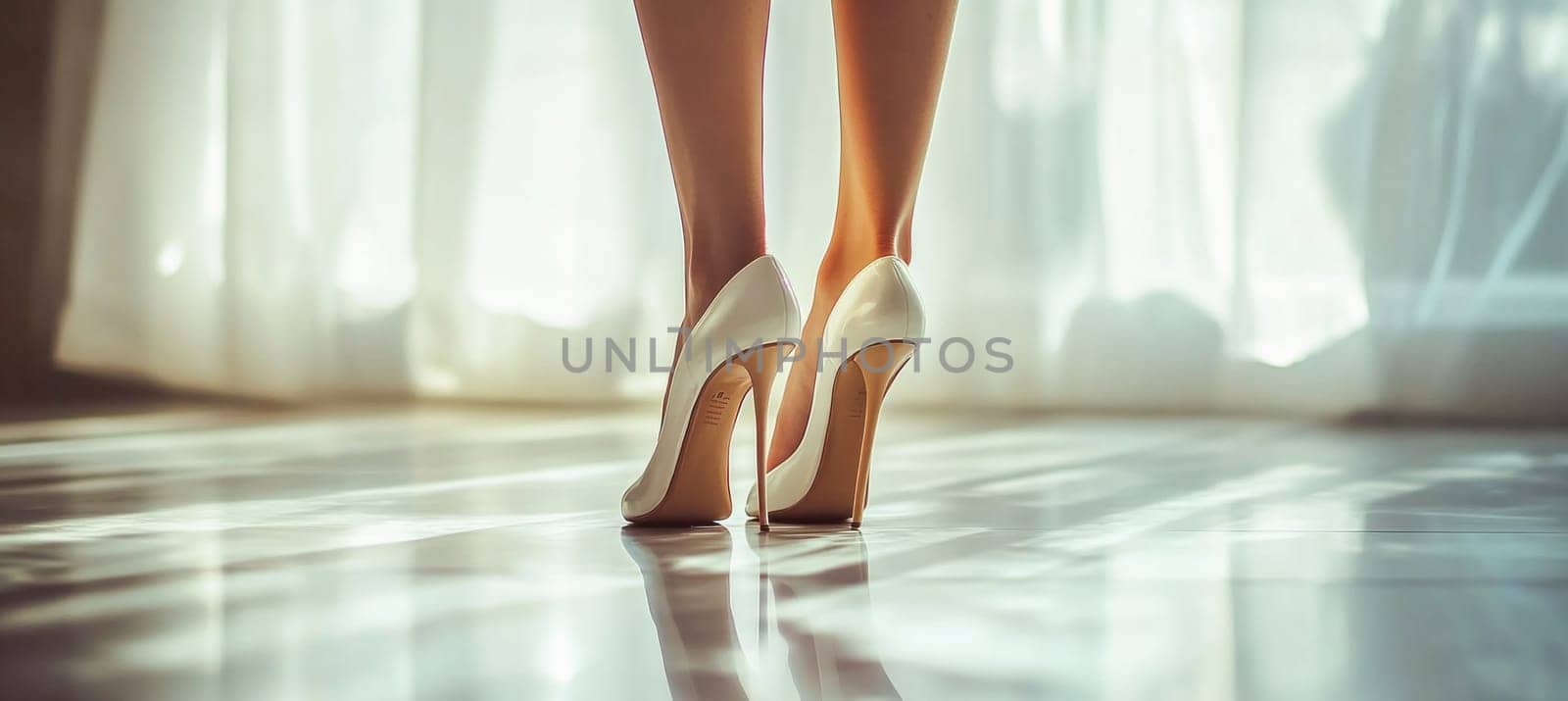 Woman wearing white high heels shoes standing on tiptoe near window with curtains