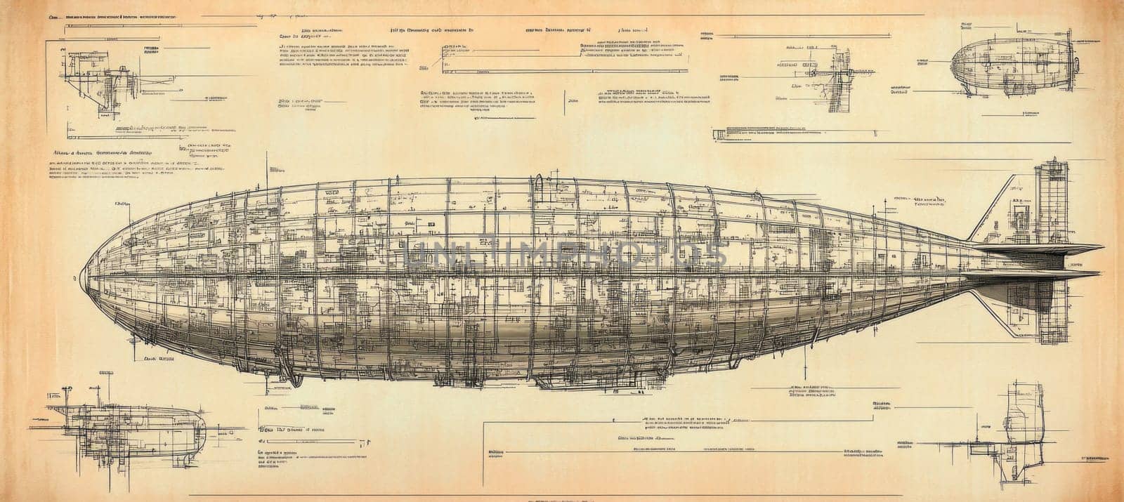 Vintage blueprint showcasing the intricate internal framework, engines, and passenger compartments of a zeppelin airship