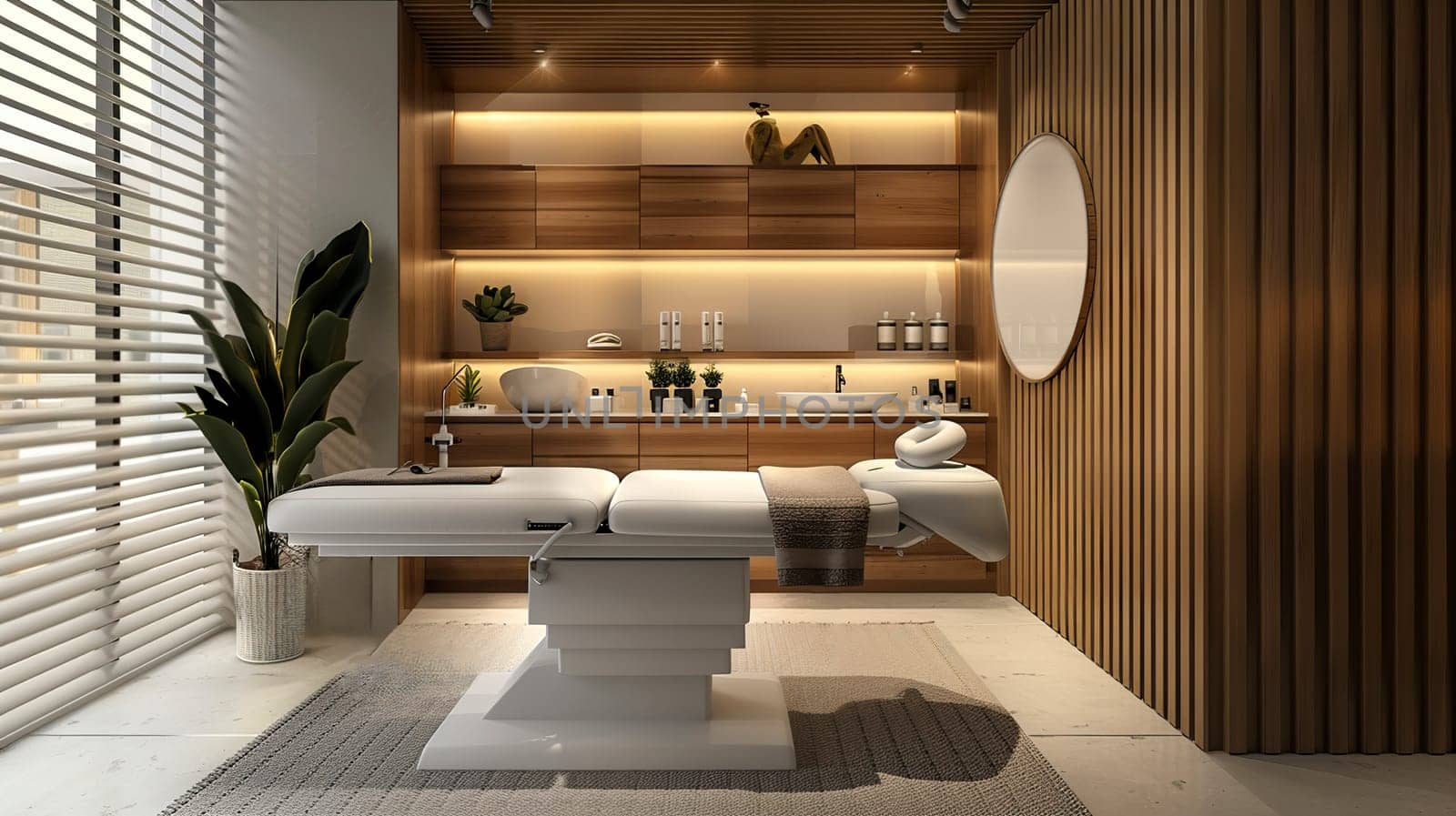 Within a spacious wooden relax room, there is a massage table positioned strategically by a large window that allows natural light to illuminate the space