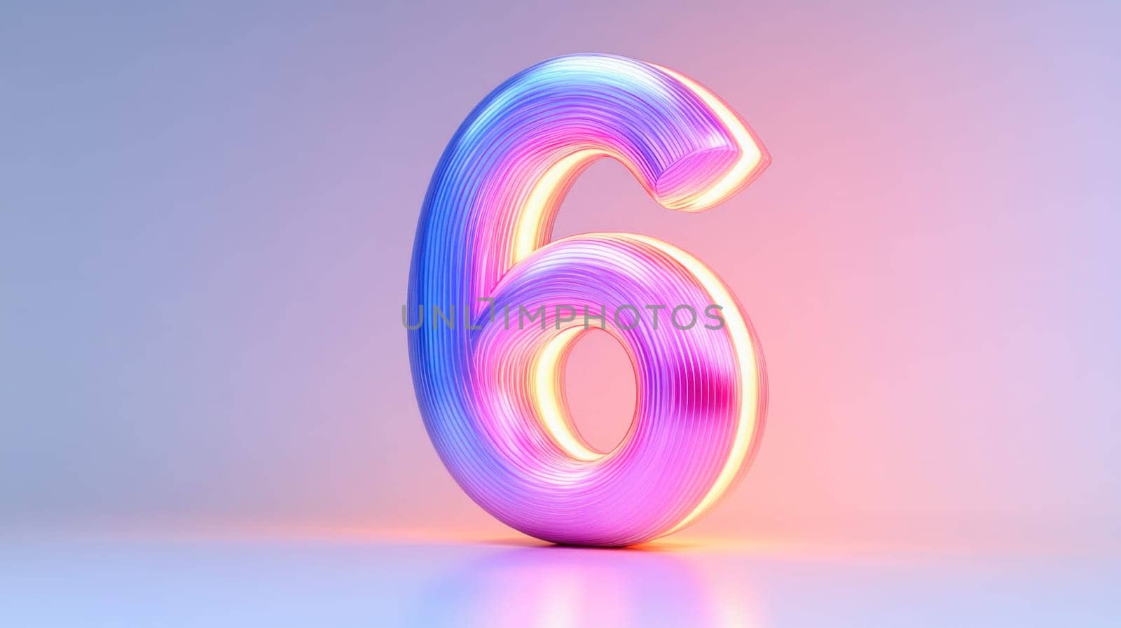 Glowing number six with neon light effect on a gradient background, creating a colorful and futuristic atmosphere
