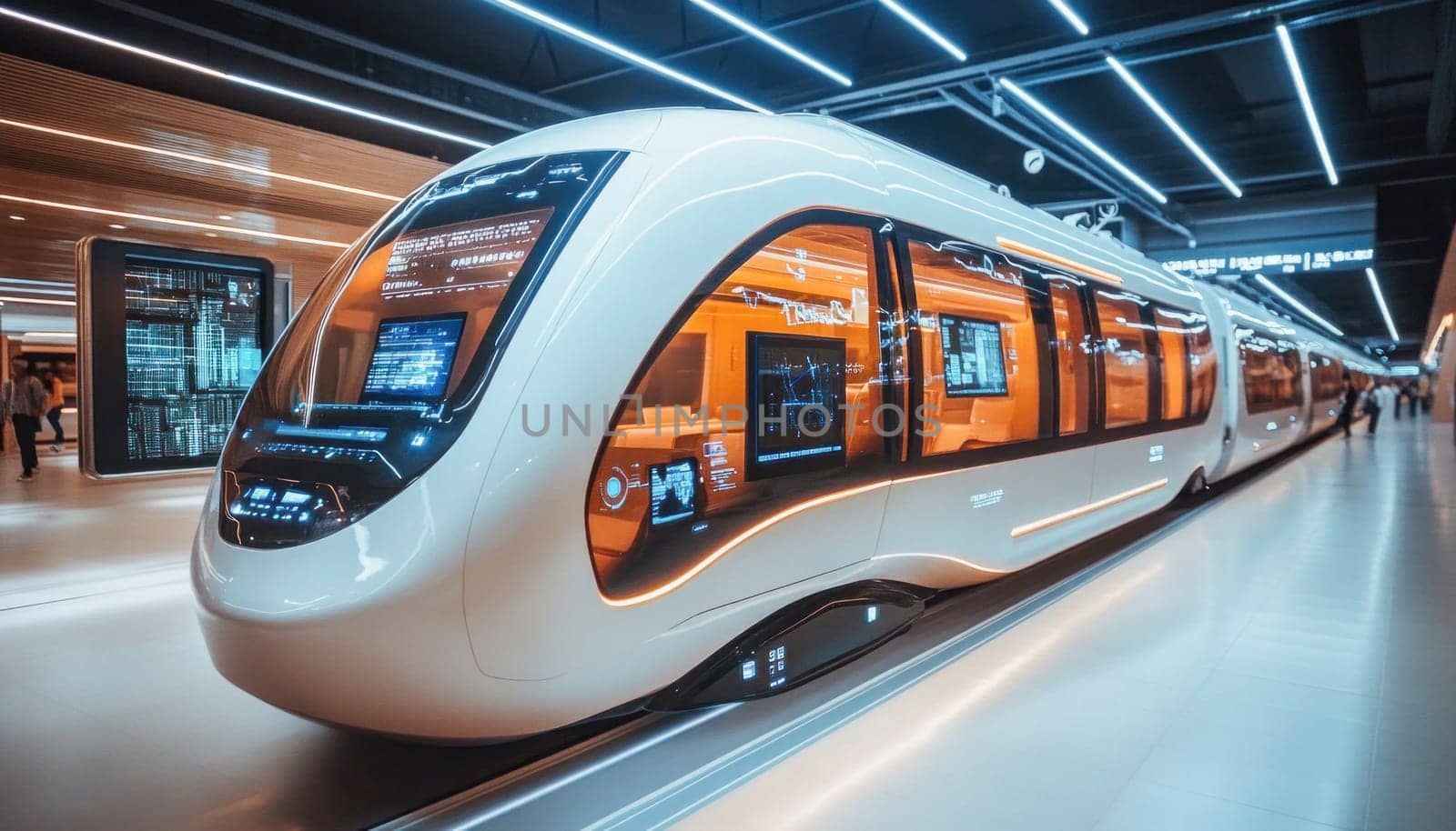 Modern driverless high speed train stands at futuristic railway station platform, showcasing innovative transportation technology