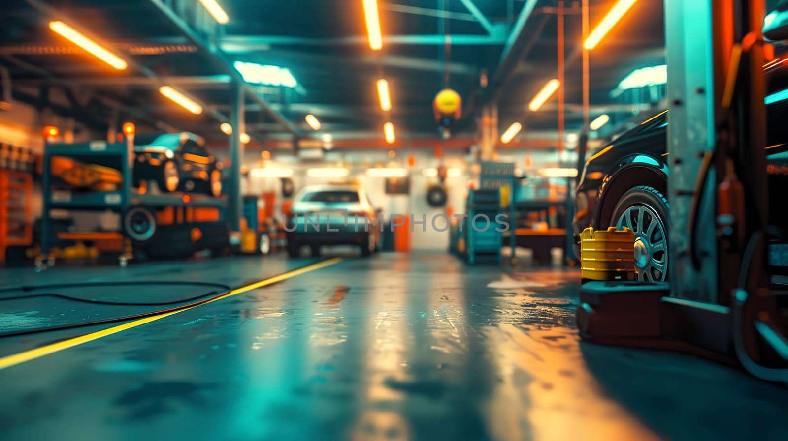 A car is currently positioned and sitting on a lift in a car service garage, ready for maintenance or inspection by a professional mechanic