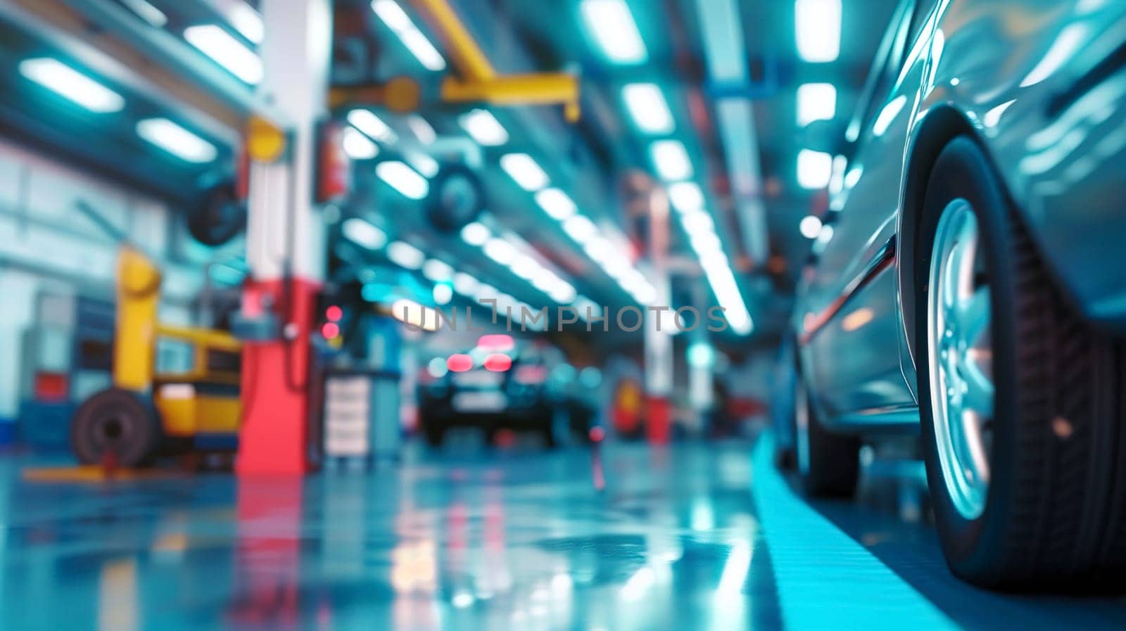 A car is currently positioned and sitting on a lift in a car service garage, ready for maintenance or inspection by a professional mechanic