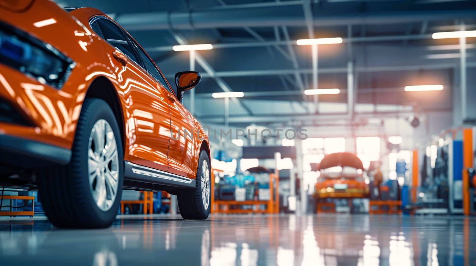 A car is currently positioned and sitting on a lift in a car service garage, ready for maintenance or inspection by a professional mechanic