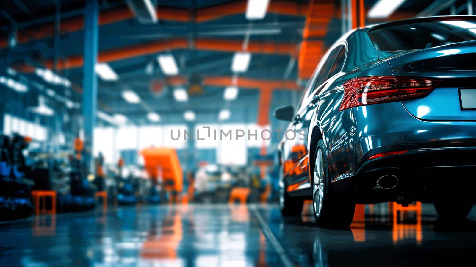 A car is currently parked in a garage located within a factory building where various manufacturing activities may be taking place
