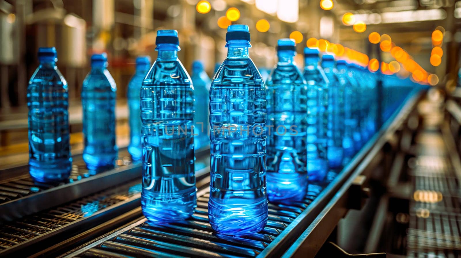 In a bustling factory, there is a conveyor belt that is entirely filled with numerous bottles of water, ready for packaging and distribution