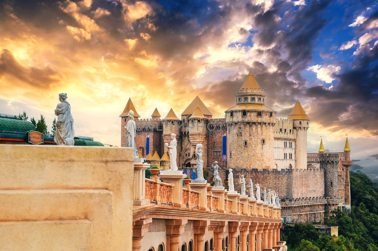 Fantastic beautiful medieval castle in Ba Na Hills in Da Nang Vietnam at sunset