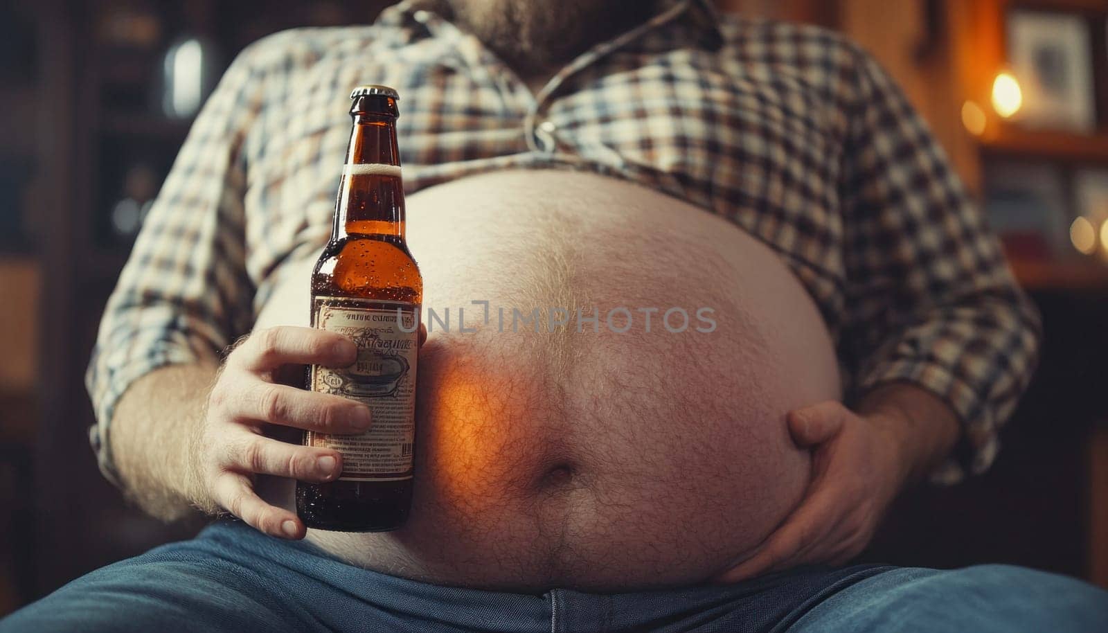Obese man holding a beer bottle and stroking his prominent belly