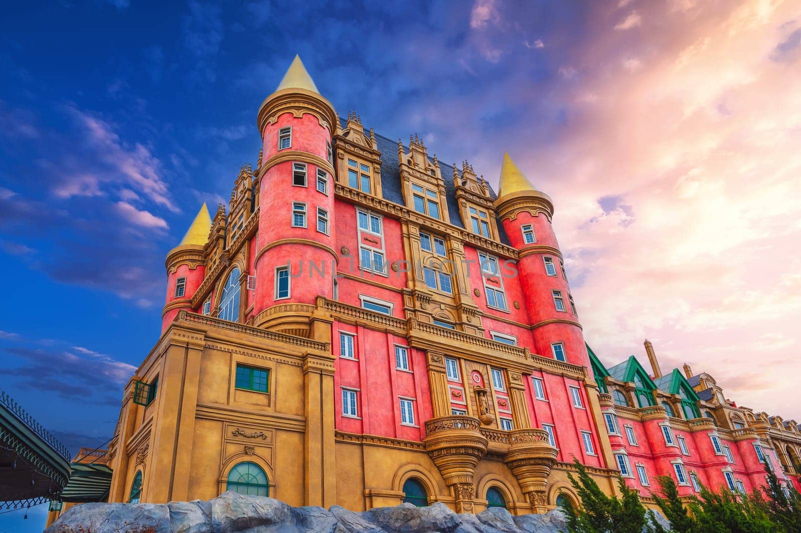 Modern fabulous beautiful castle at sunset in Ba Na Hills Park in Da Nang in Vietnam in summer
