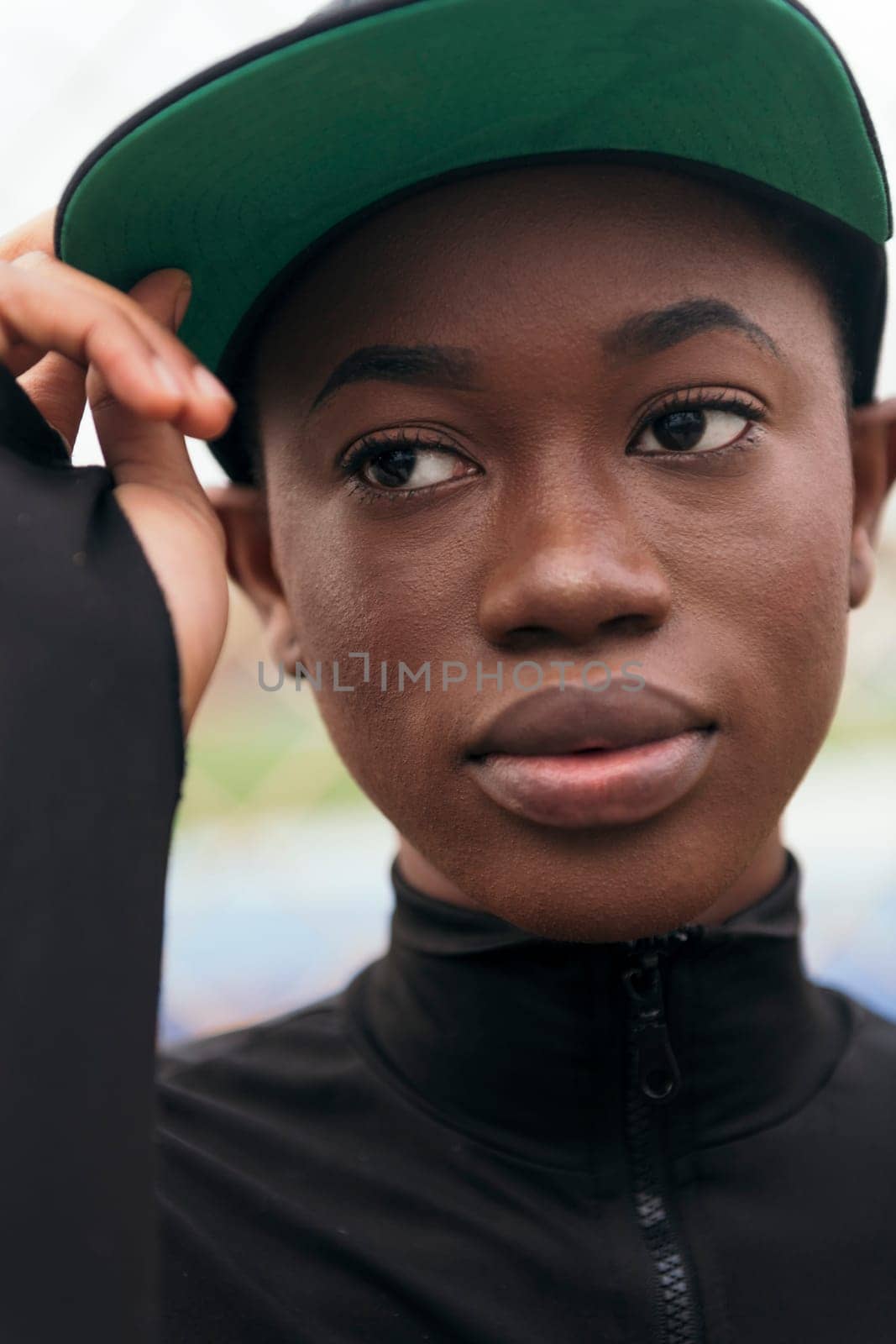 close up portrait of a young tender african american woman in casual wear adjusting her cap against a blurred background