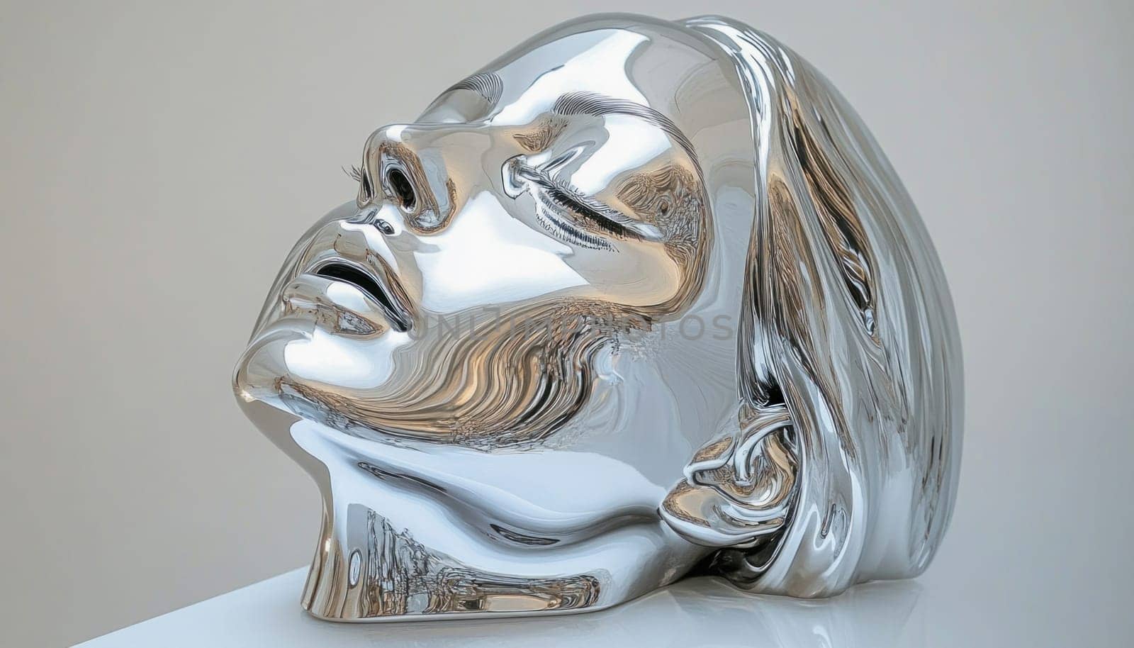 Polished chrome female head sculpture reflecting light in a modern art museum or gallery
