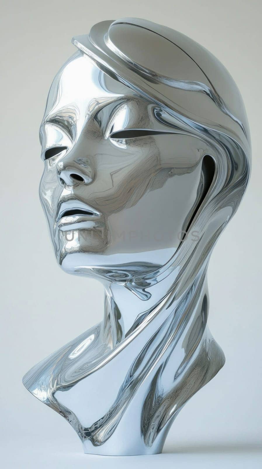 Chrome female bust sculpture showcasing modern art and design