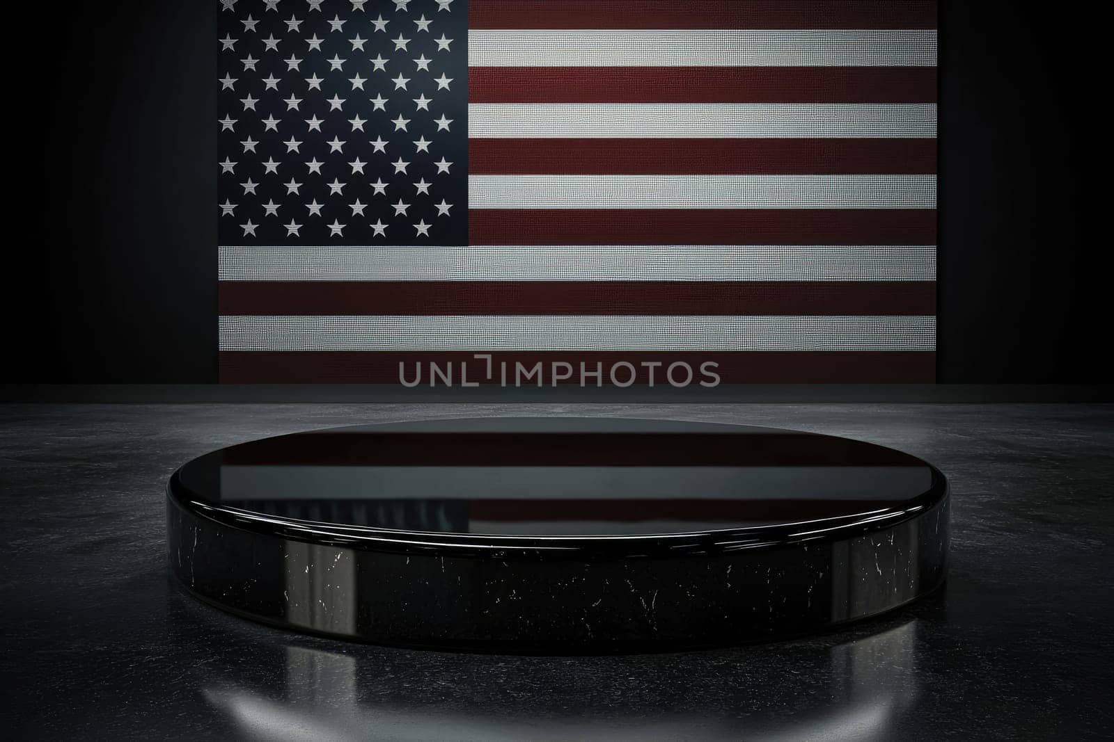 A sleek black round platform sits against a vintage American flag backdrop, creating a dramatic scene ideal for presentations, exhibitions, or themed ceremonies in a studio.