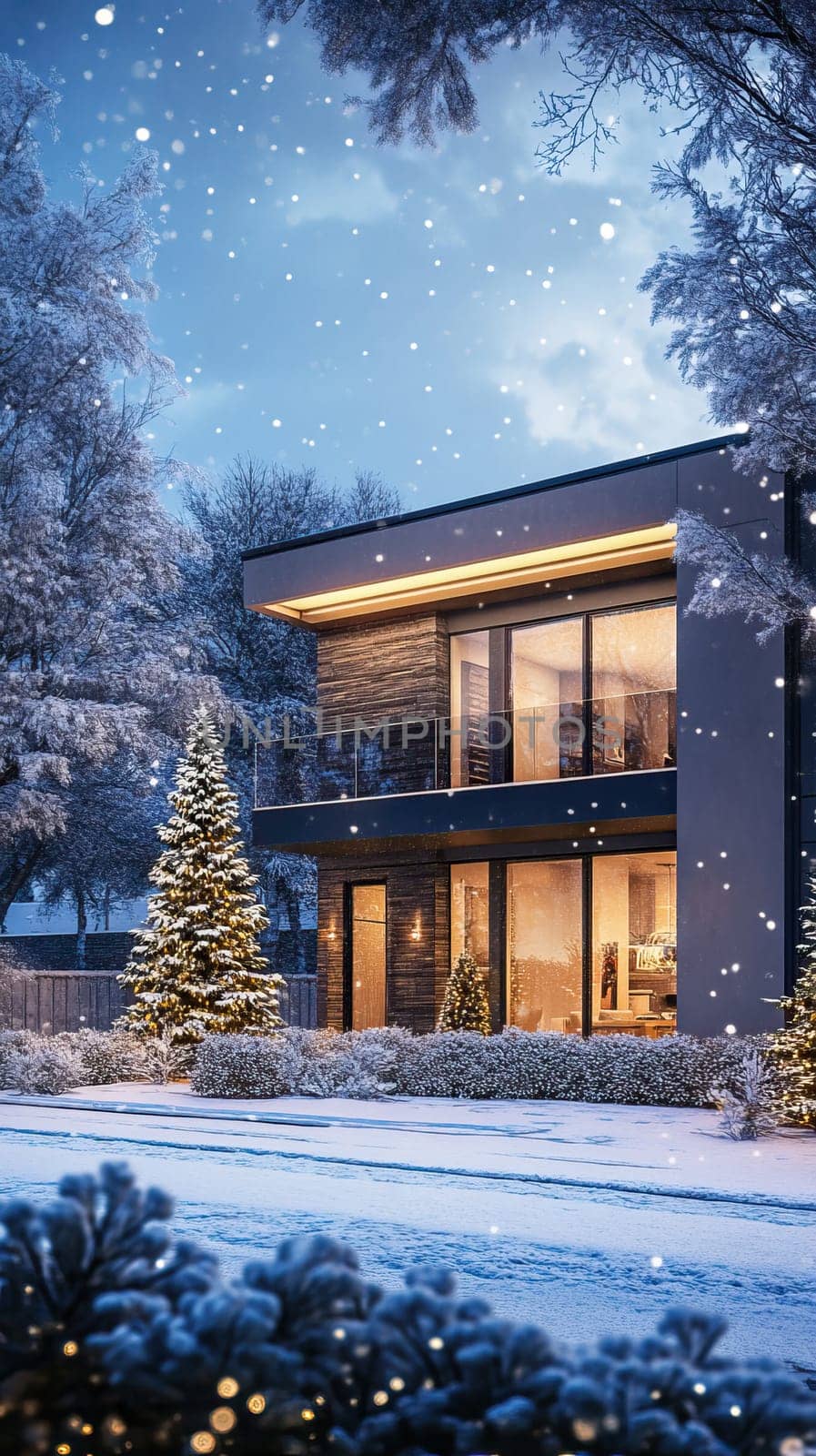 A modern house decorated with Christmas lights in a snowy winter scene, highlighting the seasons serene beauty