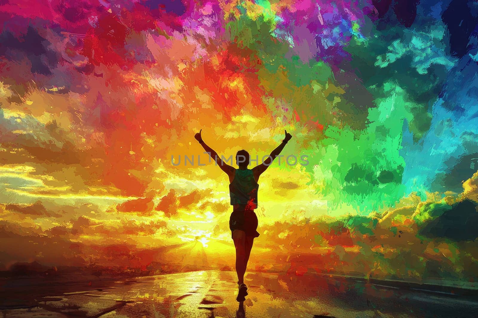 This stunning image depicts a silhouetted figure joyfully celebrating against a vibrant sunset backdrop filled with colorful clouds, evoking feelings of happiness and freedom.