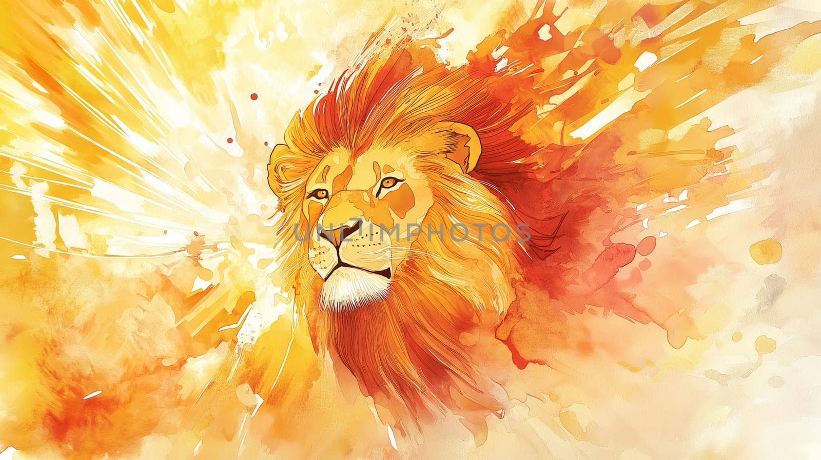 A dynamic watercolor artwork features a majestic lion, its mane flowing in warm tones of gold and orange. the radiant background enhances the lion's regal presence, creating an intense and lively scene.