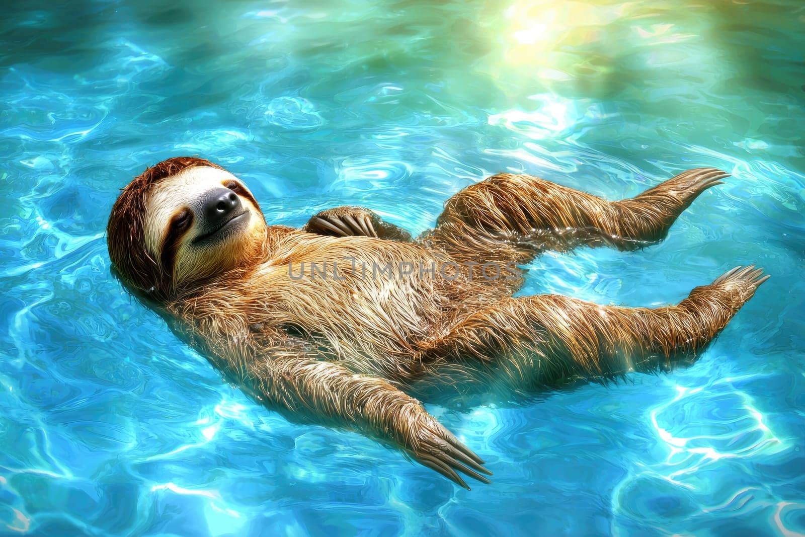 A charming sloth floats serenely in bright blue water, surrounded by soft ripples, perfectly illustrating the beauty of wildlife in its natural habitat and a sense of calmness.