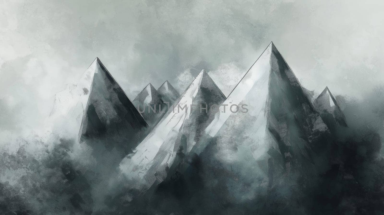 A striking abstract painting depicting a mountain landscape with sharp, triangular peaks. the monochromatic palette adds a dramatic and contemporary feel, ideal for modern art enthusiasts and design projects.