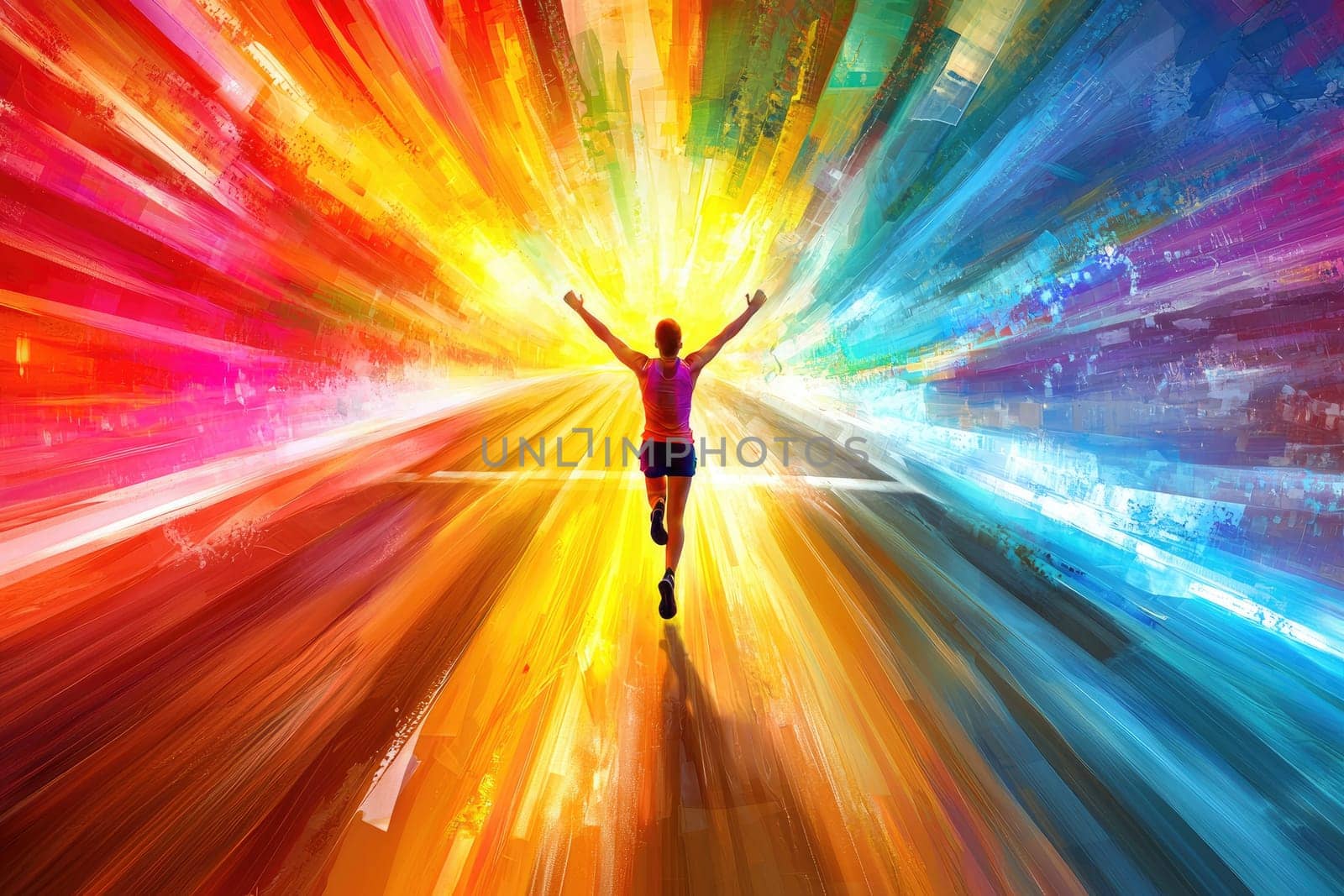 A dynamic silhouette of a runner emerges from an abstract burst of vibrant colors, symbolizing energy and the thrill of achieving personal freedom and movement through art.