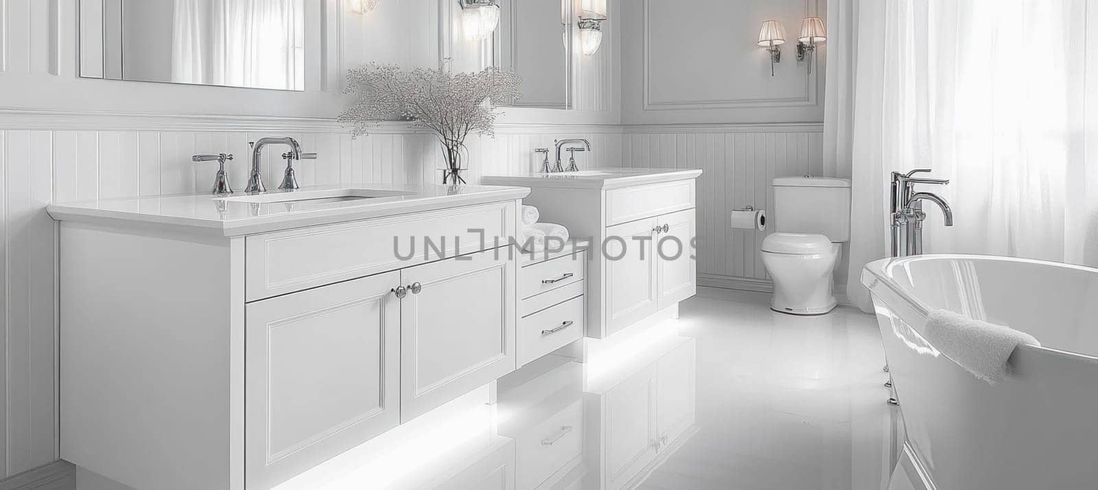 Bright, clean, modern white bathroom interior featuring a bathtub, double sink vanity, toilet, and ample lighting