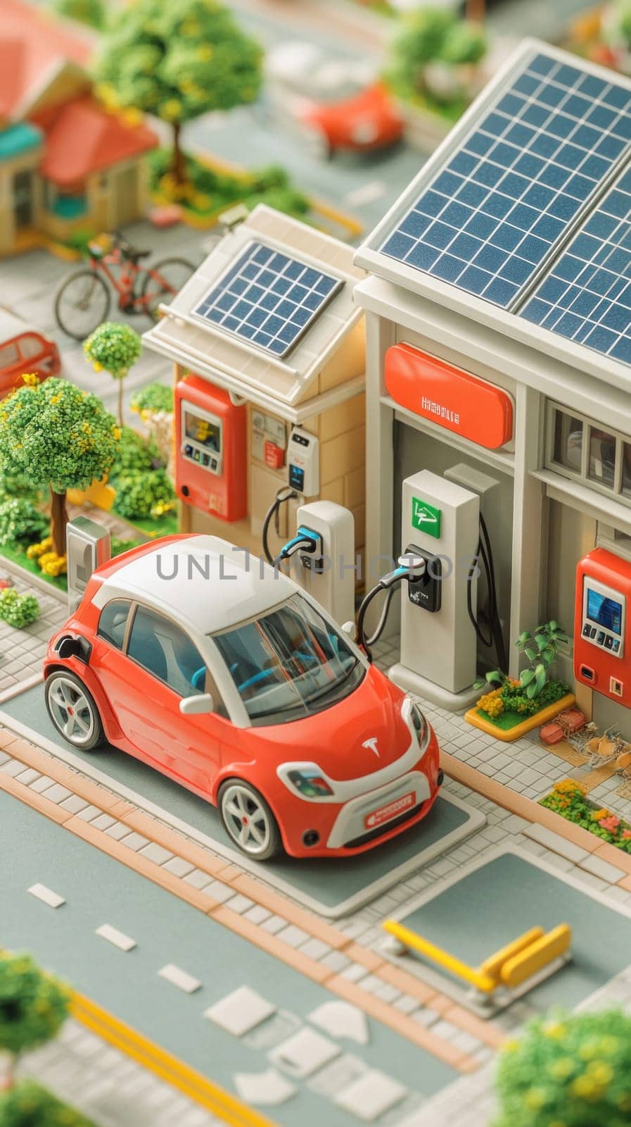 Red electric vehicle charging at a station powered by solar panels on the roof, showcasing sustainable urban energy in a miniature city model
