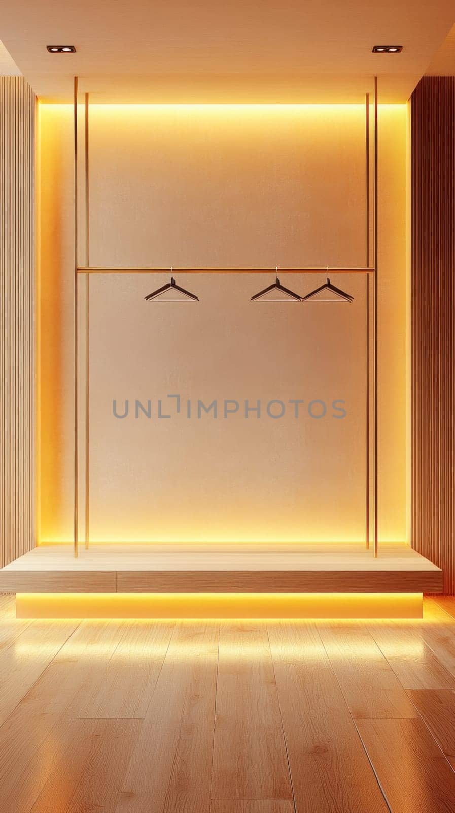Modern and minimalist interior design of a room with an empty clothing rail and warm lighting, ideal for showcasing fashion items