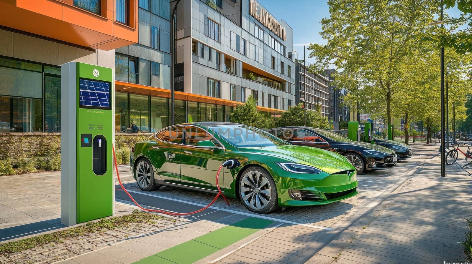 Green electric vehicles charging batteries at a station with solar panels in a modern city environment