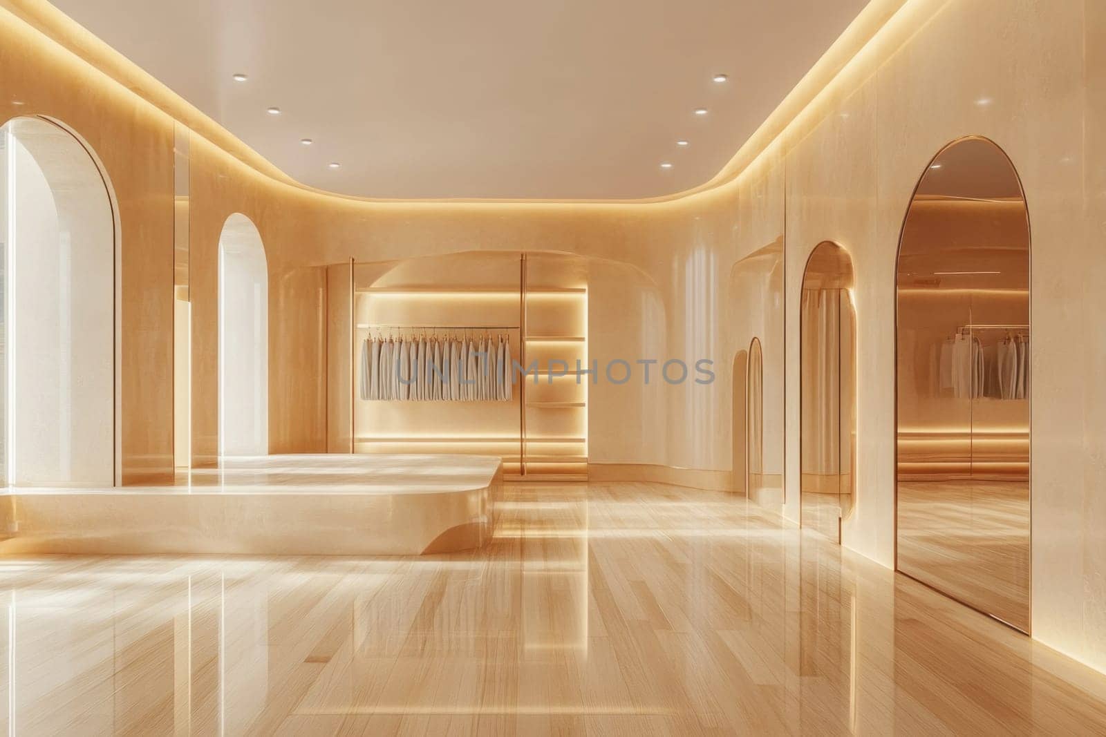 Empty fashion boutique interior with wooden floor, illuminated shelves and clothes rail