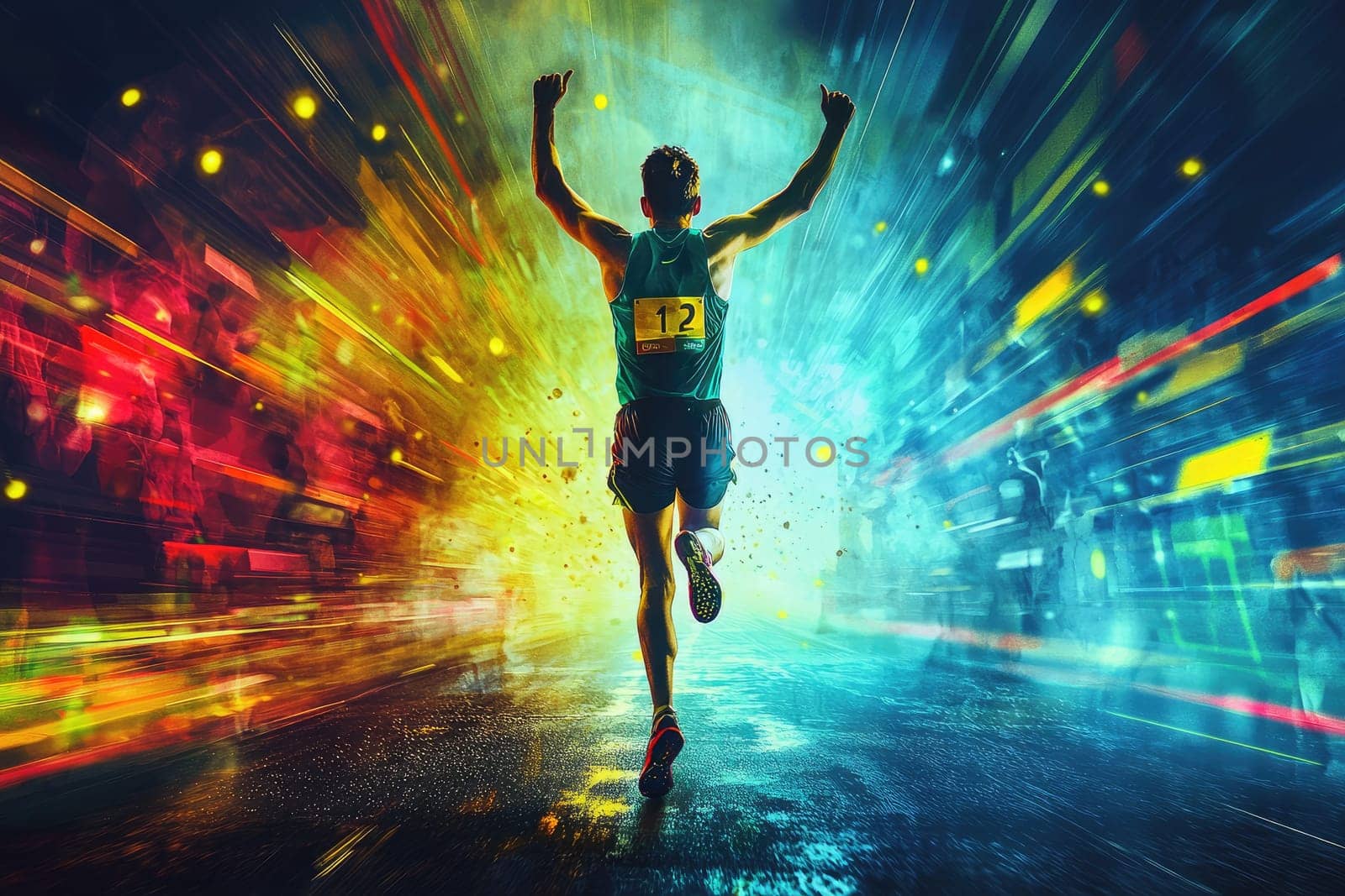 This dynamic image captures a marathon runner with arms raised in triumph, celebrating victory amidst a vibrant, colorful backdrop, embodying the spirit of endurance and determination.