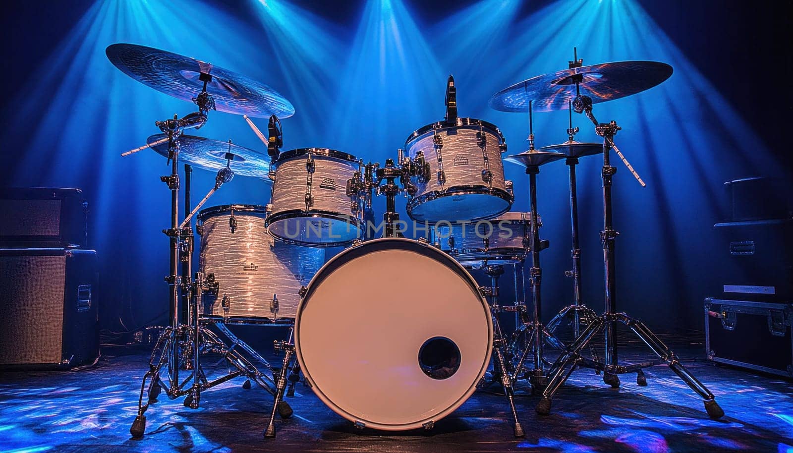 Drum set is ready for the drummer to start playing under blue stage lights