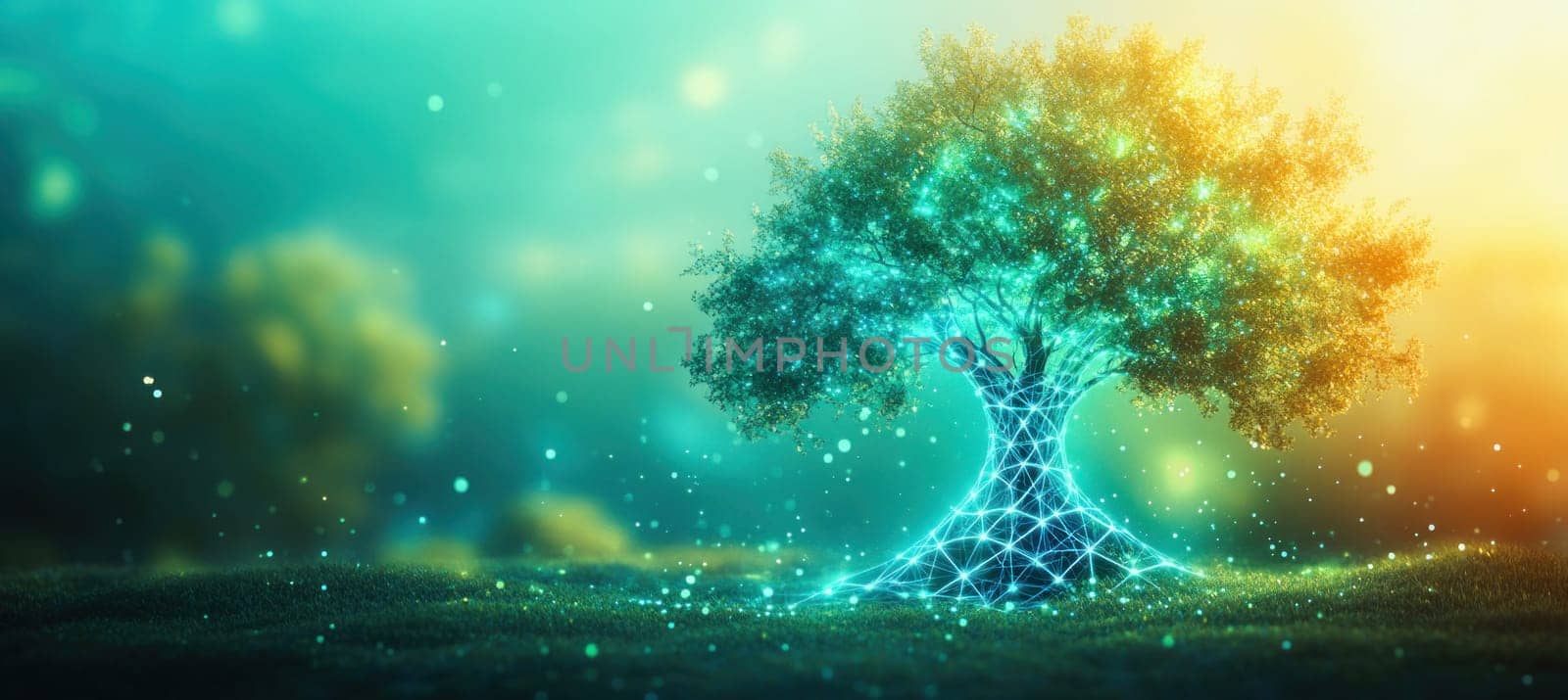 Luminous tree with interconnected network visualizing the harmony between nature and digital world