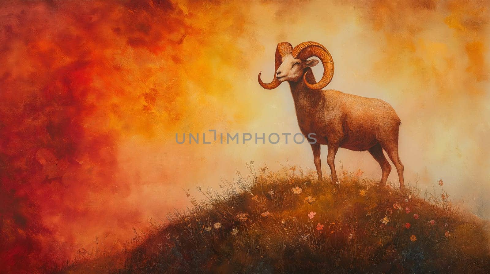 Watercolor painting of a potent ram atop a hill, surrounded by a vivid landscape with flourishing flowers. the artwork blends rich hues, the rams strength against a fiery backdrop, conveying power and tranquility.
