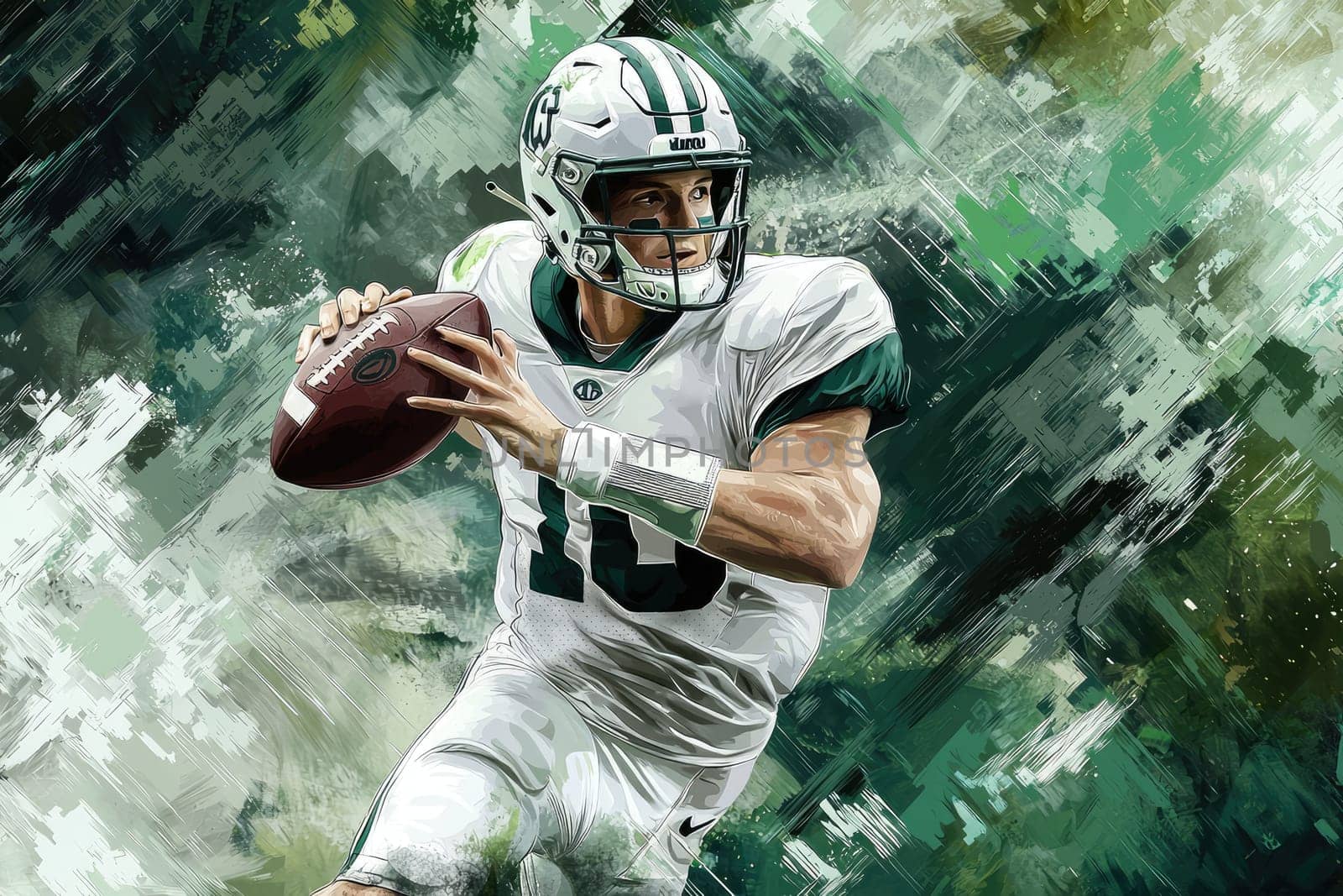 This surreal artwork features a quarterback in motion, mid-throw, showcasing powerful athleticism in a vibrant and dynamic football scene. Perfect for sports enthusiasts.