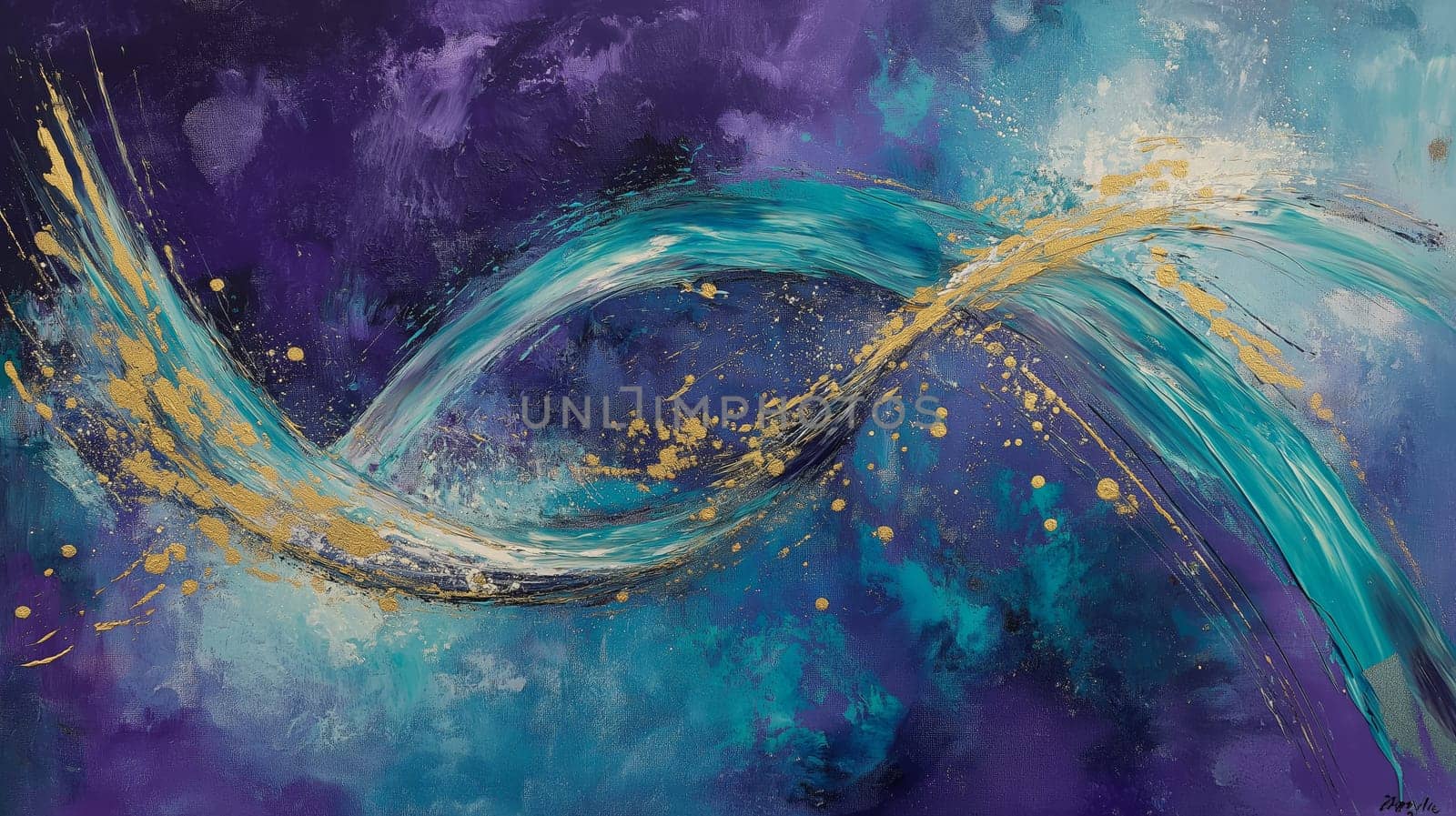Dynamic abstract painting featuring sweeping curves and splashes of blue and gold. interpreted as an archer's bow, it creates a sense of motion and energy, ideal for artistic and decorative purposes.
