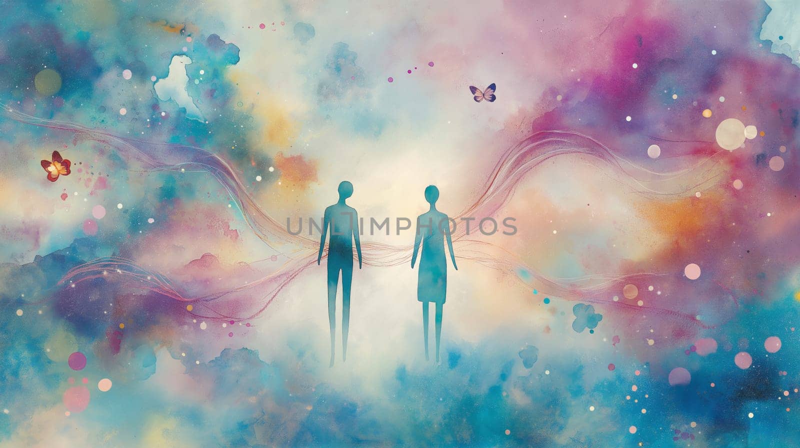 A dreamlike watercolor scene featuring two identical silhouettes connected by ethereal lines amidst a colorful, abstract background. butterflies add a whimsical touch to the celestial atmosphere, blending fantasy with artistic expression.