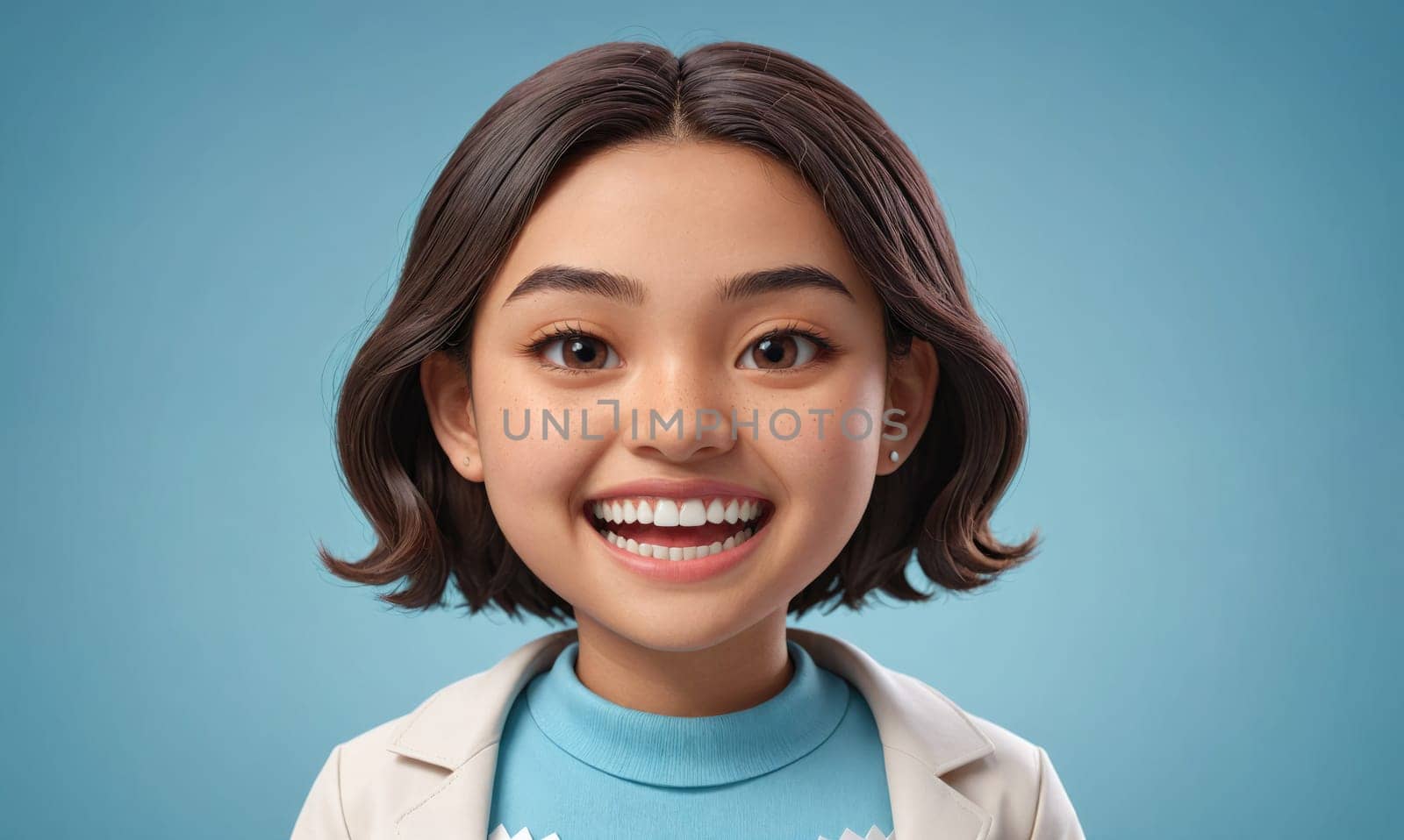 A young woman with short brown hair smiles broadly against a light blue background. She is wearing a white lab coat over a blue shirt.