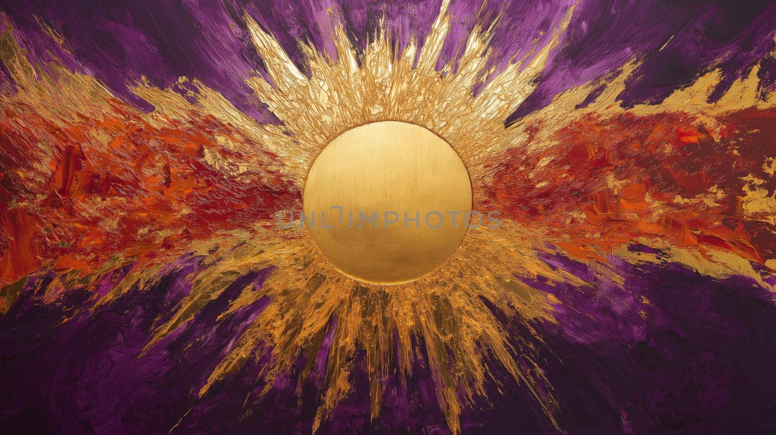 Bold abstract artwork showcasing a radiant gold sunburst surrounded by dynamic purple and orange brushstrokes. the piece exudes energy and creativity, ideal for modern design, decor, and vibrant artistic expressions.