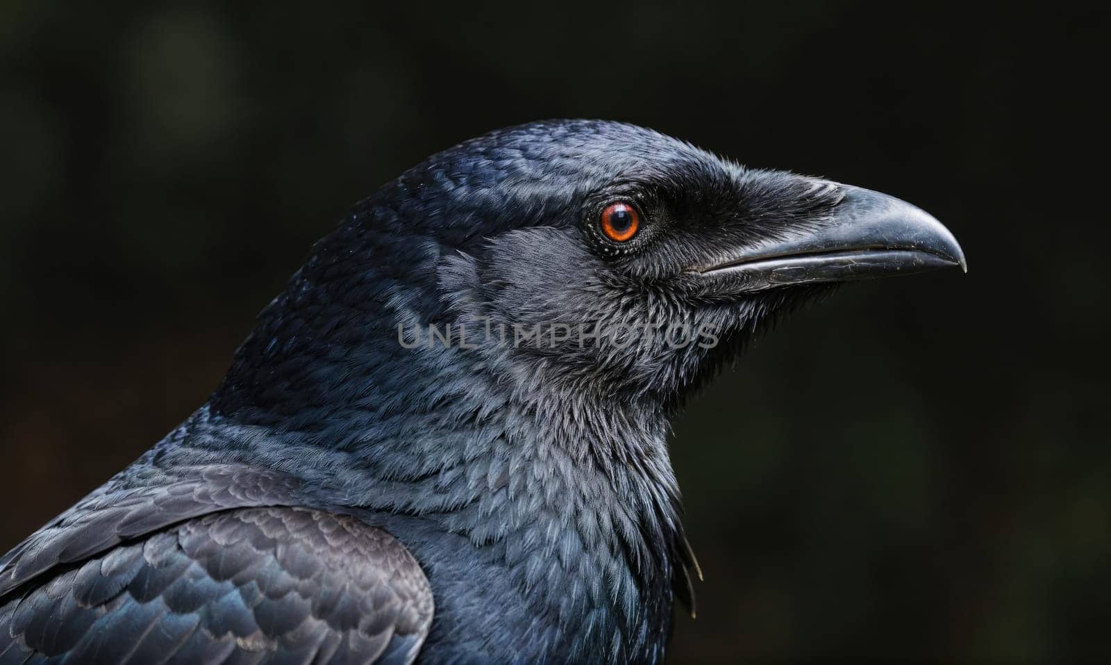 A black raven with a sharp beak stares intently into the distance. Its feathers are smooth and glossy, with an orange eye visible. The background is dark and blurred.