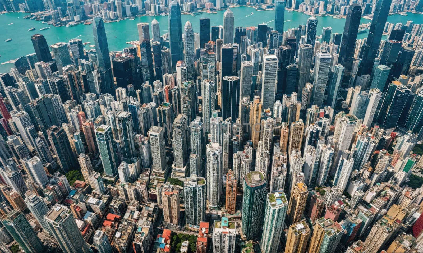 A dense urban landscape with many skyscrapers and buildings. The image is taken from above, showing the city's skyline and the harbor.