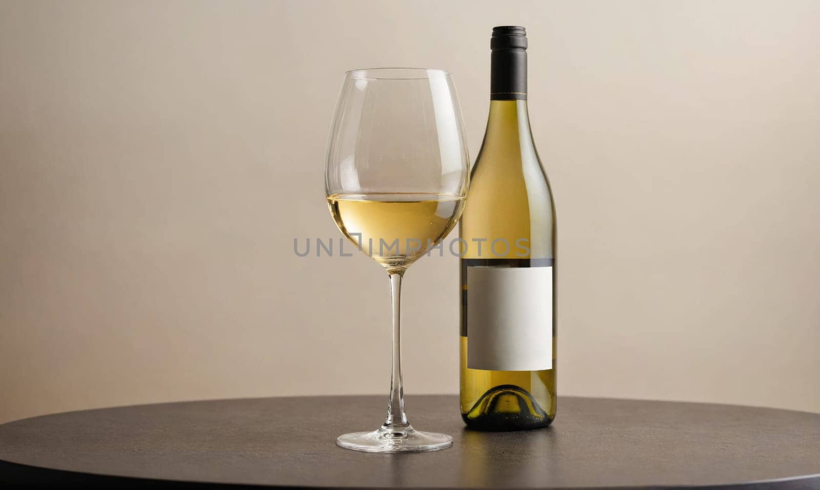 A partially filled glass of white wine and a full bottle of white wine sit on a brown table. The background is a light beige wall.