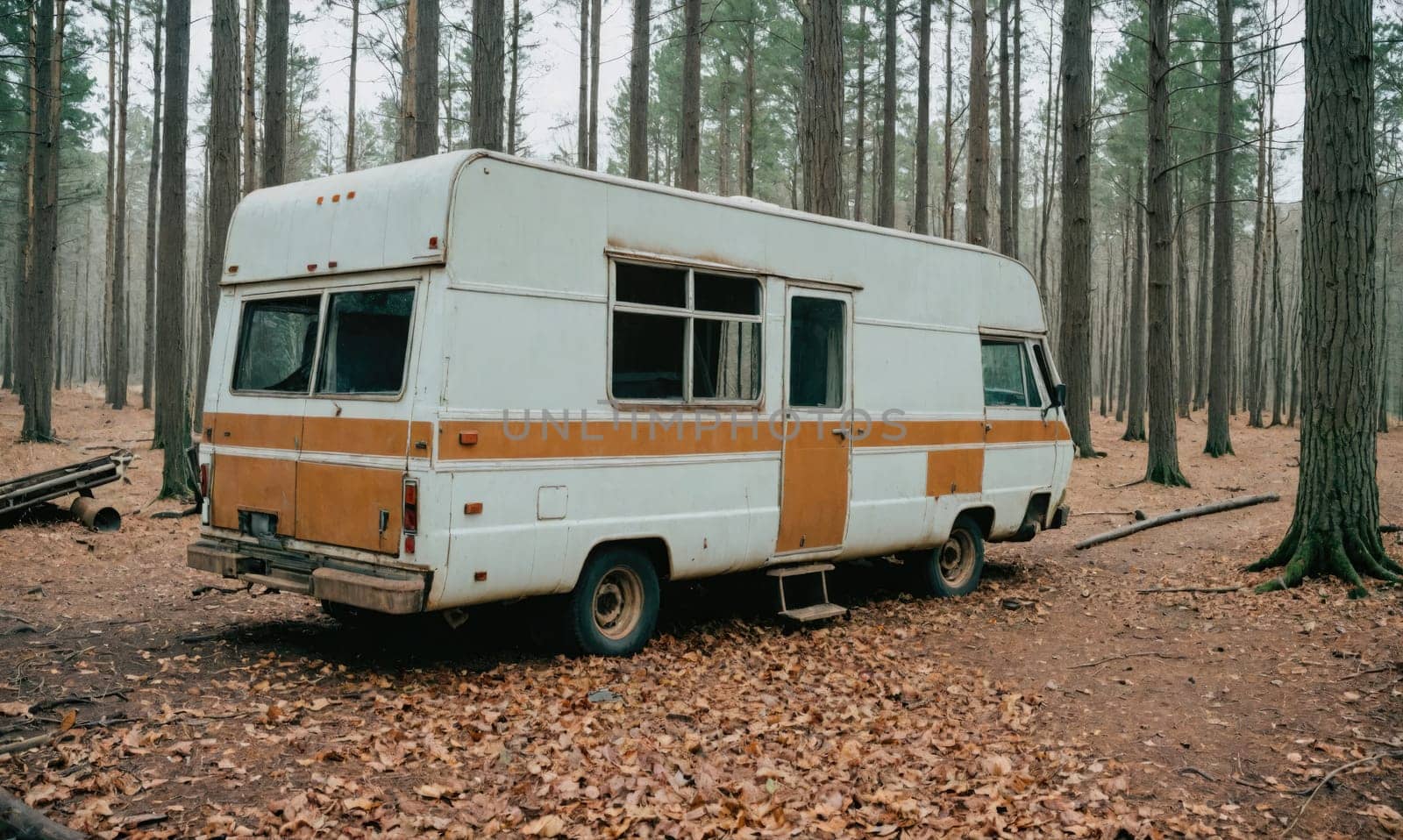 A white camper van with a brown stripe along the bottom is parked in a forest. It is surrounded by many tall, bare trees. The ground is covered in fallen leaves.