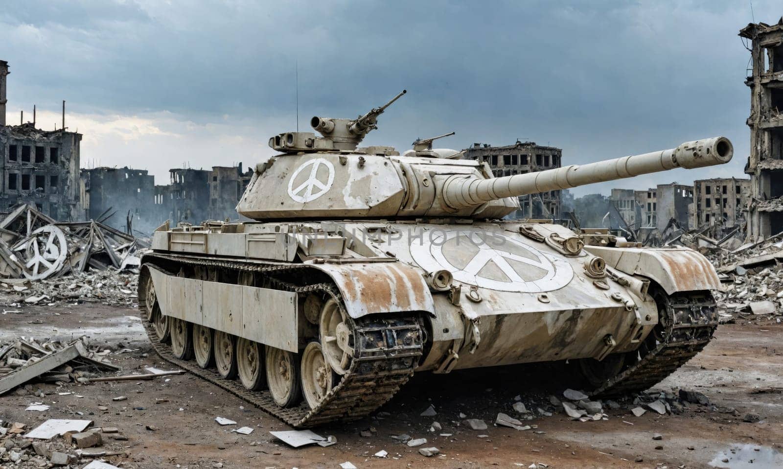 A white tank sits in the middle of a street in a war-torn city. It is covered in dust and rubble, and its turret is pointed towards the sky. The tank has two peace signs painted on its side.