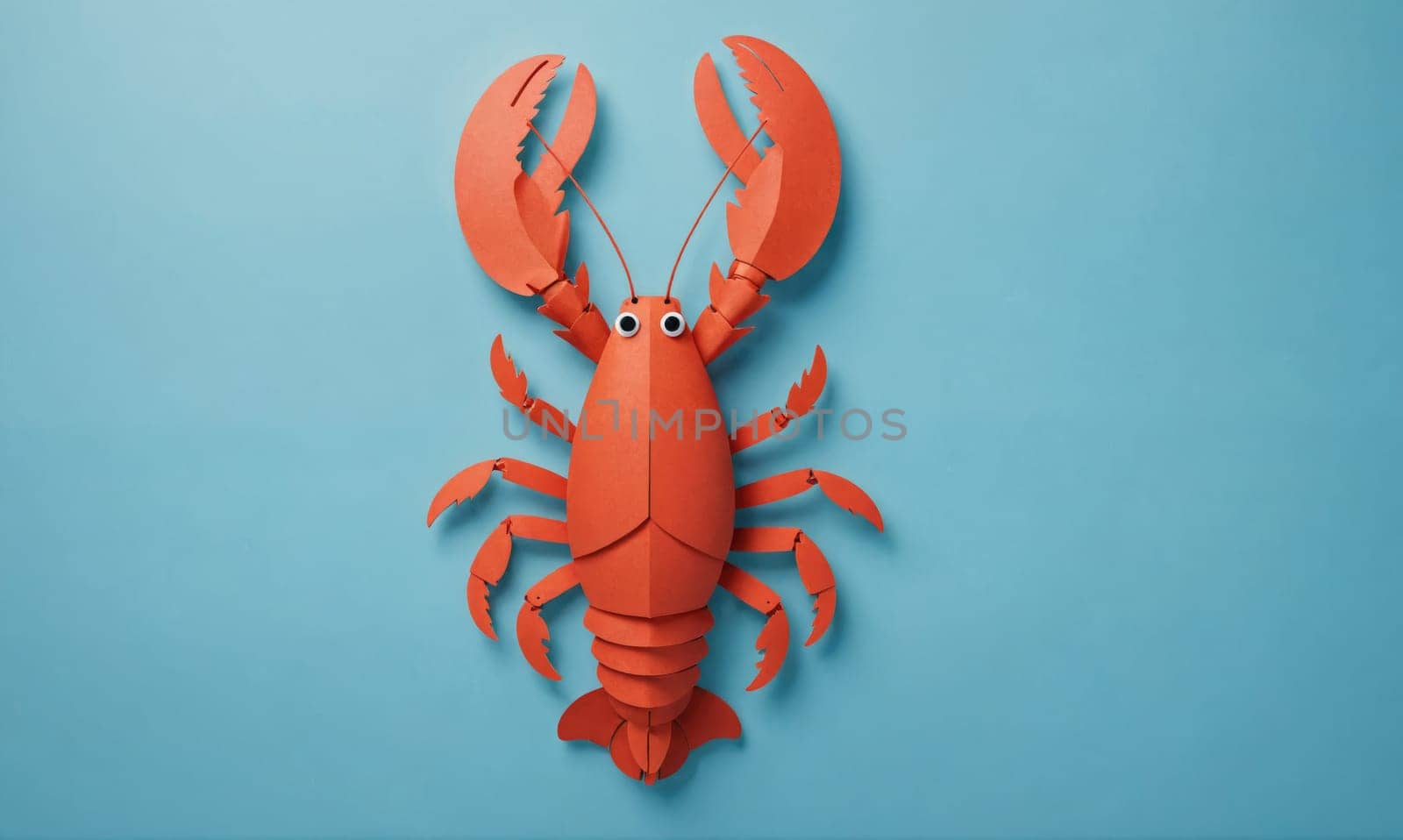 A paper lobster made from red paper is positioned on a blue background. The lobster has large claws and detailed features, including eyes.